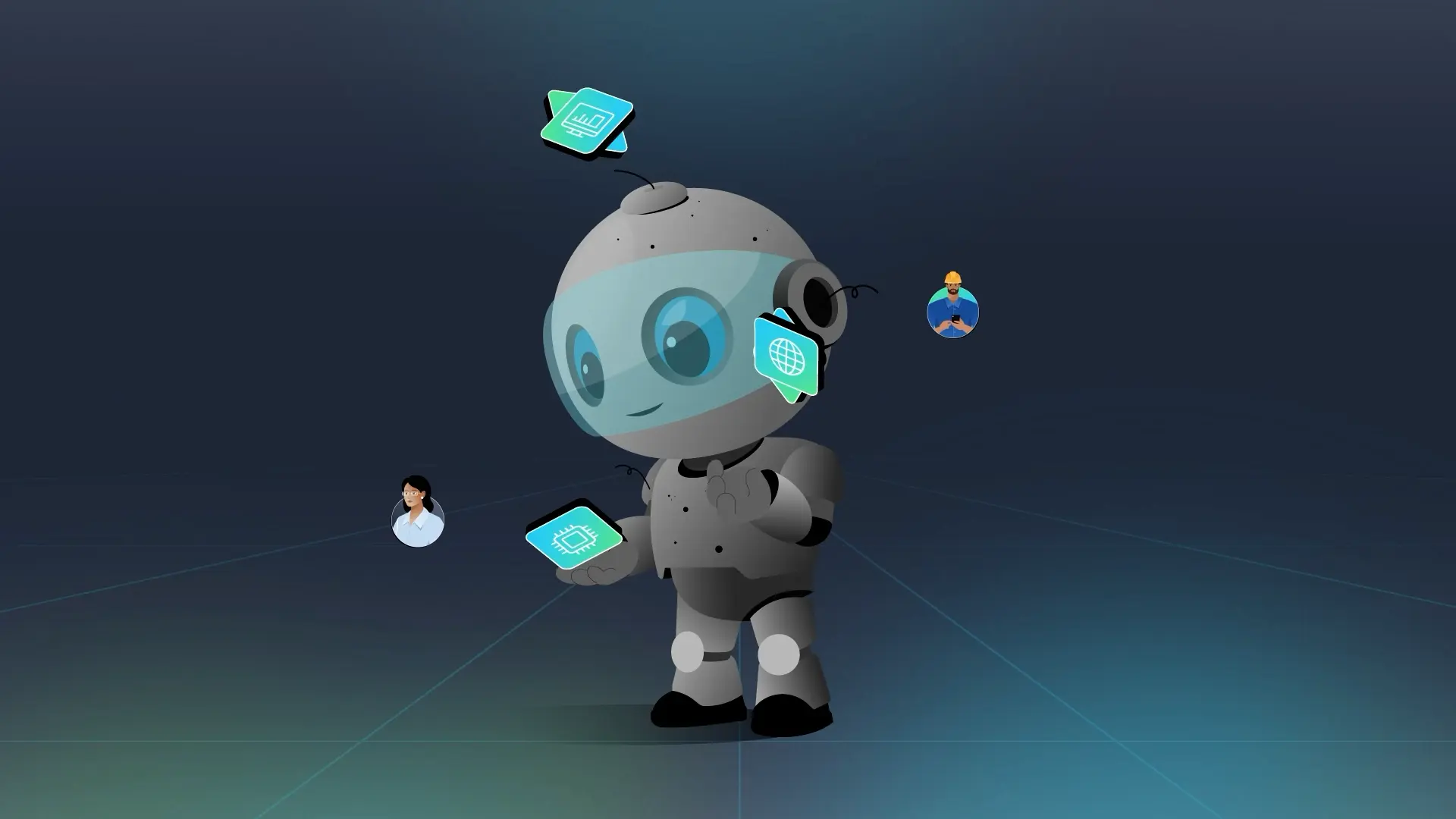 Tecknad robot med stora blå ögon interagerar med flytande digitala ikoner och porträtt runt omkring.
